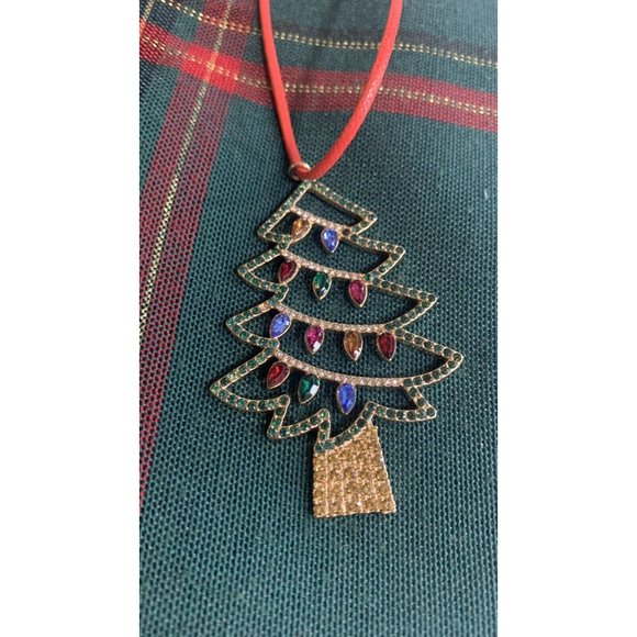 Christmas Tree Holiday Necklace on 26" Black Cord, Lobster Clasp 3" Extension - Picture 4 of 5
